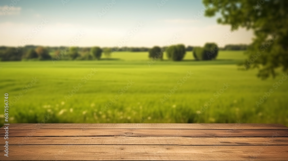 Empty old wooden table background, green field background. Empty old wooden table background, green field background.