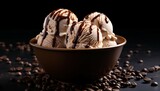 chocolate ice cream with a spoon on a dark background, Coffee ice cream with chocolate and coffee beans on black background
