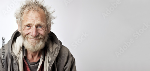 homeless old man with gray beard and hair shows austerity but still smiles, on a white background there is space to write words