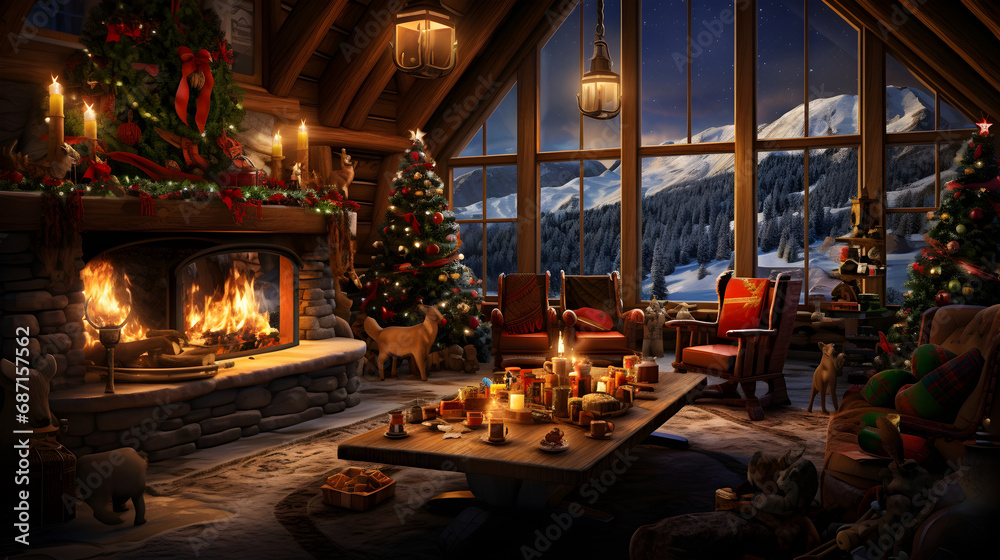 Christmas decorated cabin room with cozy atmosphere.