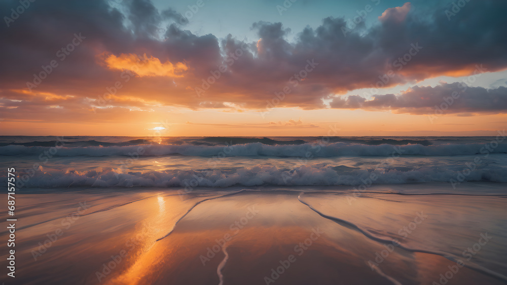 Transport your reader to a tranquil beach at sunset. Depict the rhythmic sounds of the waves, the feel of the sand, and the vibrant colors painted across the sky