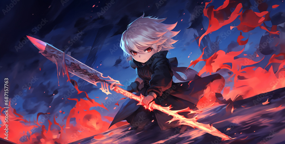 a cool blade master boy white hair hold the big sword