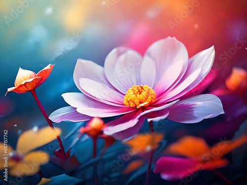 Beautiful Different Colour Flower Close Shot, Snow, Water Drop,Colour Background, Generative Ai