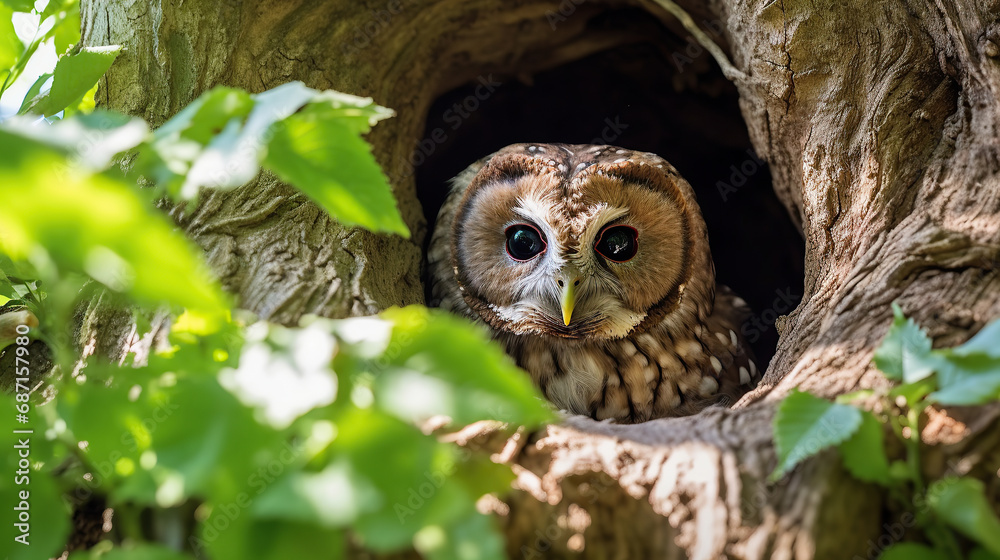 Tawny owl ( Strix aluco ) sitiing in the hollow in old oak tree. Tawny owl ( Strix aluco ) sitiing in the hollow in old oak tree.