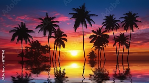 Tropical Beach Sunset with Palm Trees