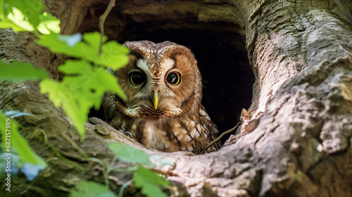 Tawny owl ( Strix aluco ) sitiing in the hollow in old oak tree.