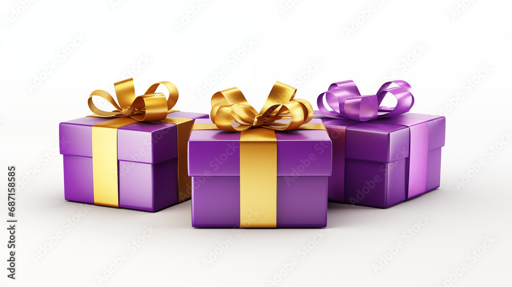 Obraz premium Three gifts on a white background, wrapped with a shiny ribbon, ai generative 