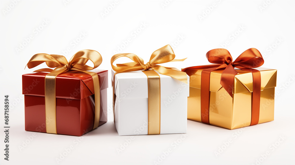 Three gifts on a white background, wrapped with a shiny ribbon, ai generative Three gifts on a white background, wrapped with a shiny ribbon, ai generative