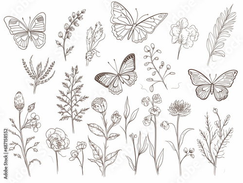 butterflies and flowers Line drawing illustration children coloring