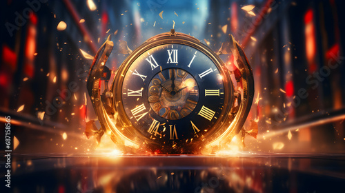 Giant watch with flames and particles on abstract background. photo