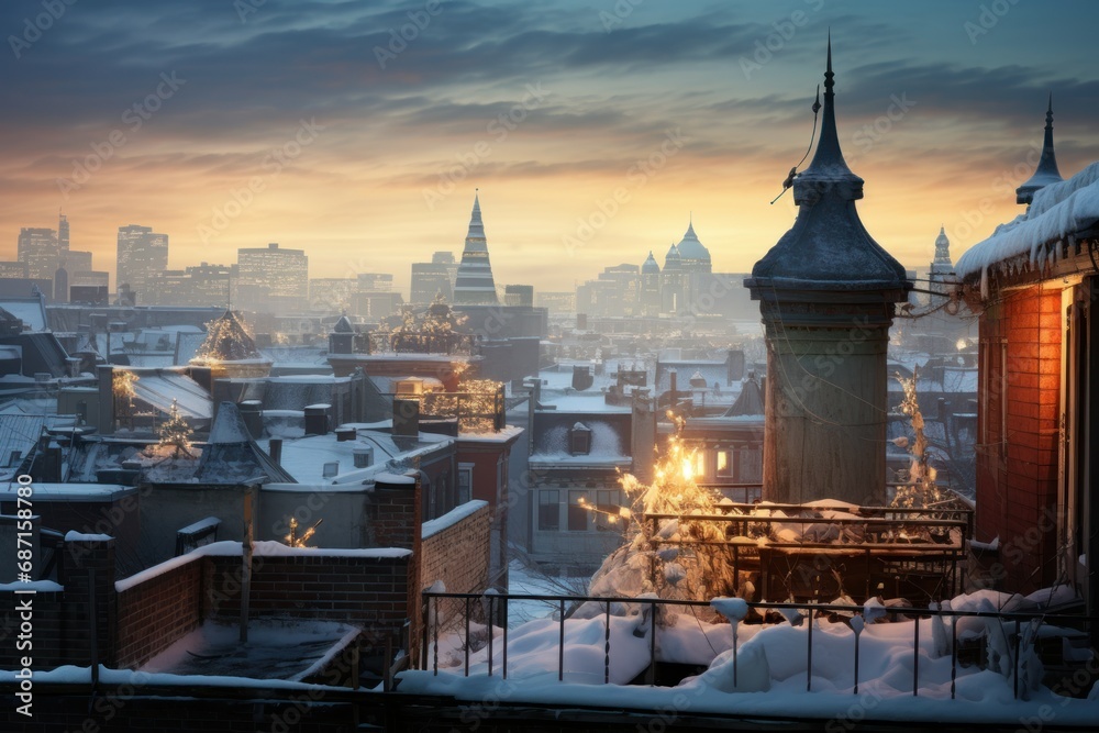 Naklejka premium Snowy Rooftops - Generative AI