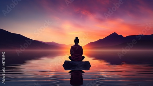Peaceful Meditation by Mountain Lake at Sunset © iam Iyons