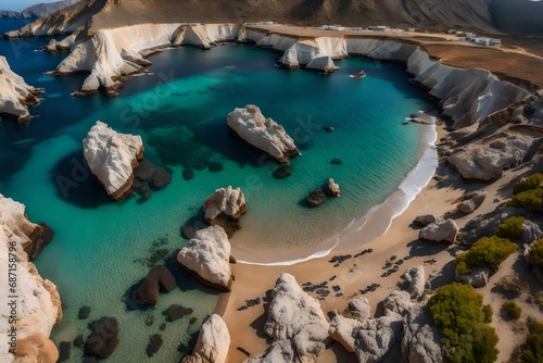 **aerial drone ultra wide photo of famous volcanic rocky beach of tsigrado in islands of milos, cyclades, greece-- photo