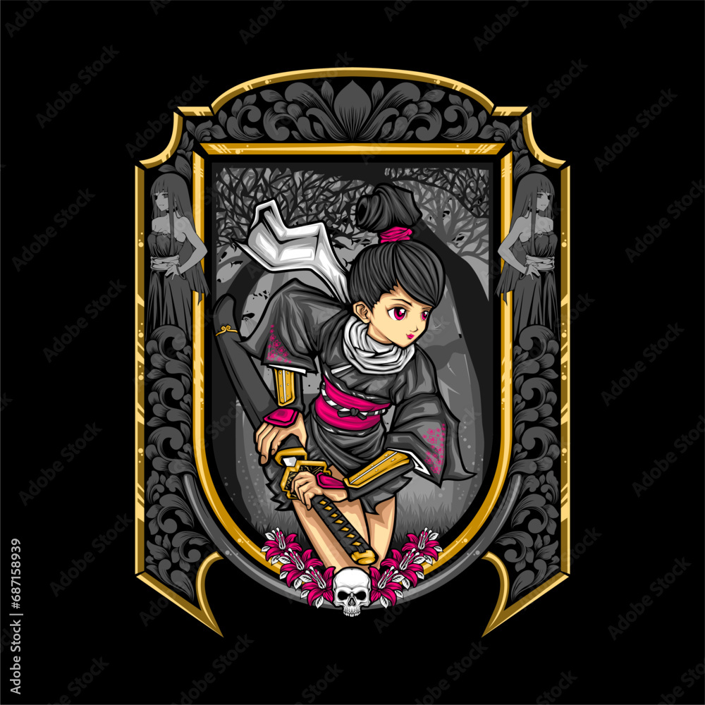 Obraz premium samurai girl illustration for t shirt design