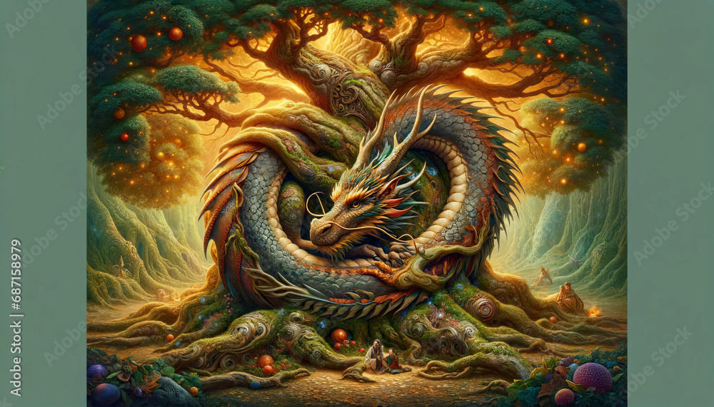 The image of a dragon curled around an ancient, mystical tree. The image of a dragon curled around an ancient, mystical tree.