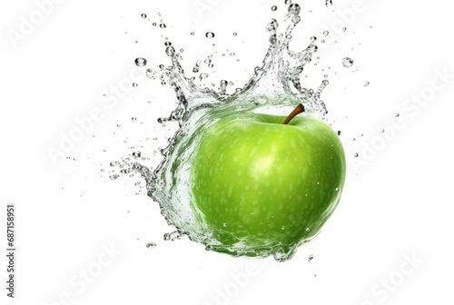 green apple with water splash isolated on white background. generative ai