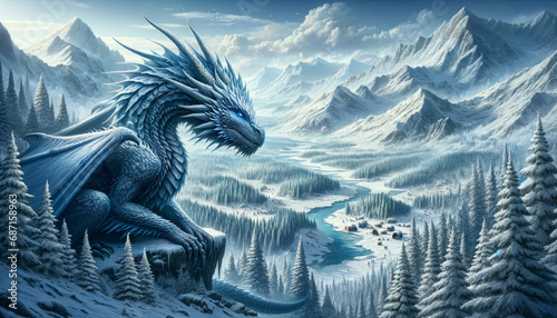 The image of a dragon perched on top of a snowy mountain.