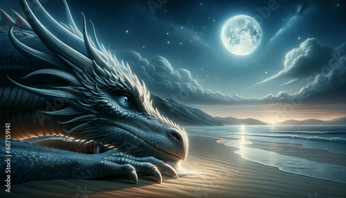 The image of a dragon resting under a moonlit sky on a tranquil beach. photo