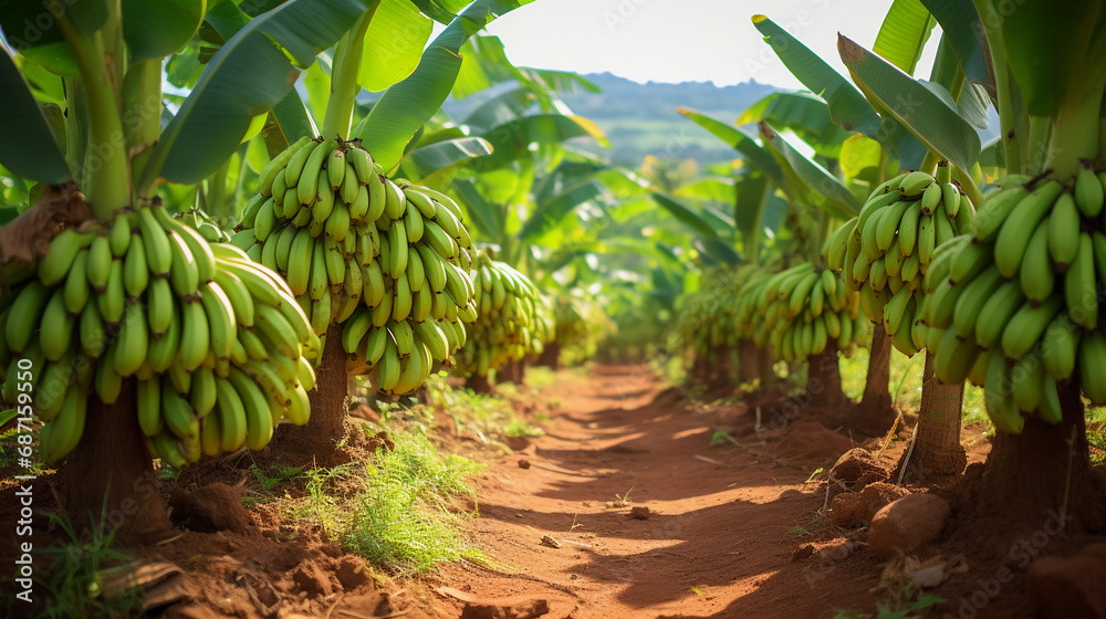 Fototapeta premium Banana plantation with ripe fruit hanging on trees, dirt path leading through the farm with lush greenery.