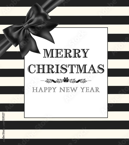 Merry Christmas and happy newyear black strips with bow. For greeting card and social media post