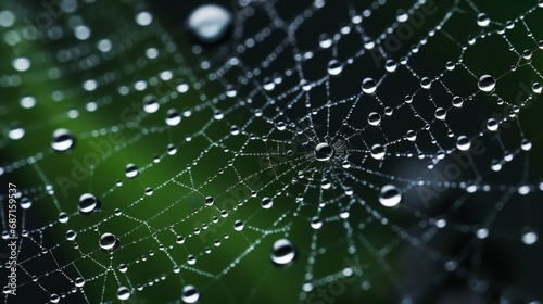 A close-up of raindrops glistening on a spider's web, capturing the beauty of nature's intricacies.