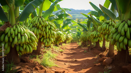 Banana plantation with ripe fruit hanging on trees, dirt path leading through the farm with lush greenery.
