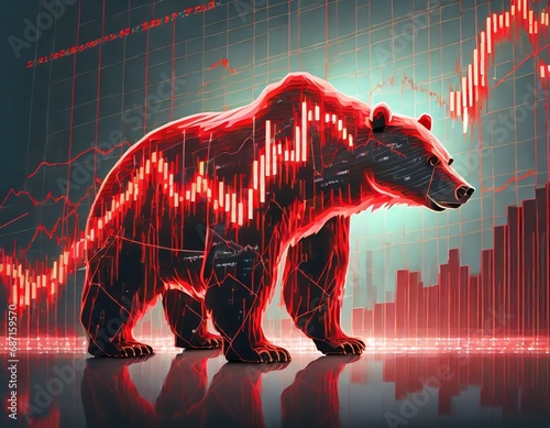 Bear market illustration picture with red charts and a red hologram bear.