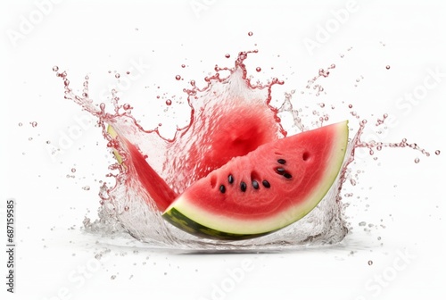 fresh watermelon slices with water splash isolated on white background. generative ai