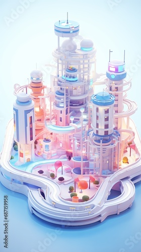 Miniature futuristic city with Modern architecture, cartoon style and clay material isometric like 3D rendering, Pastel color palette illustration © Ridho Mrr