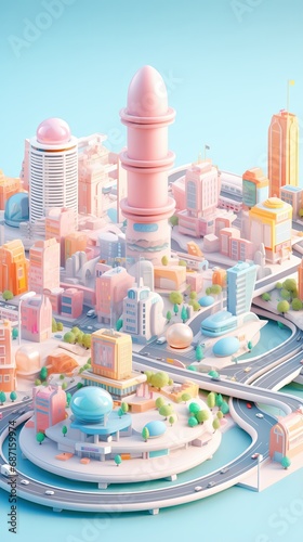 Miniature futuristic city with Modern architecture, cartoon style and clay material isometric like 3D rendering, Pastel color palette illustration © Ridho Mrr