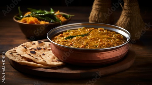 Indian traditional red lentil dhal curry soup with chapati on wooden table, close-up. photo