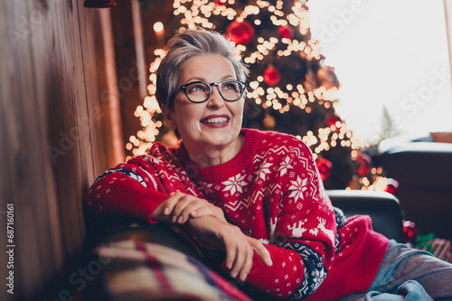Portrait of positive lovely person sit sofa inspiration imagination new year tree lights decoration apartment inside