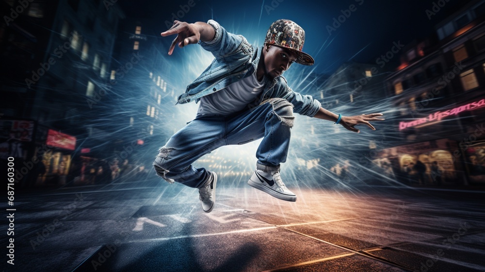a breakdancer mid-spin, capturing the energy and creativity of street dance culture. - obrazy, fototapety, plakaty 