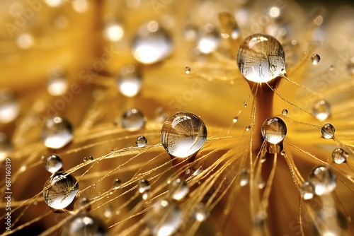 Water drops on dandelion seed macro in nature in yellow illustration. Ai generative.
