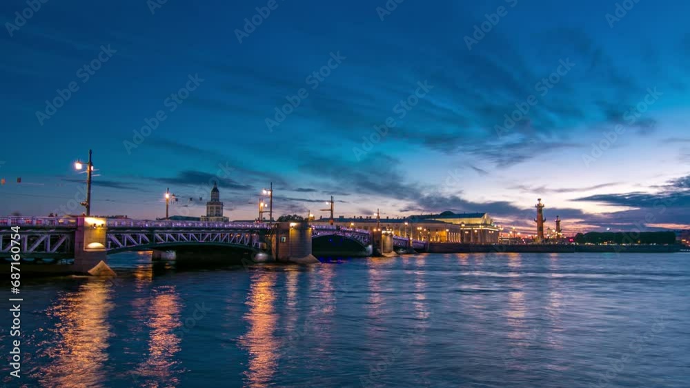 Palace Bridge day to night transition timelapse captures traffic, water mirror reflections. Birzhevoy bridge, Birzhevaya Square, Stock Exchange Building, and Rastralnye columns in Saint-Petersburg Palace Bridge day to night transition timelapse captures traffic, water mirror reflections. Birzhevoy bridge, Birzhevaya Square, Stock Exchange Building, and Rastralnye columns in Saint-Petersburg