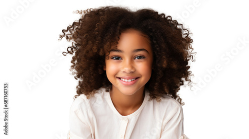 Child portrait, smiling kid with afro hair isolated on white transparent background, PNG photo