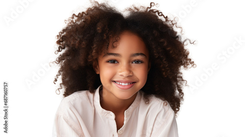 Child portrait, smiling kid with afro hair isolated on white transparent background, PNG
