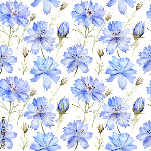 Watercolor Chicory Flowers Seamless Pattern, Aquarelle Blue Flower Tile, Blooming Cichorium