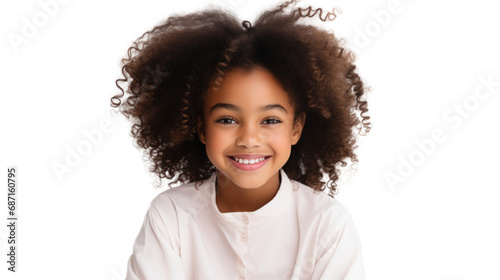 Child portrait, smiling kid with afro hair isolated on white transparent background, PNG