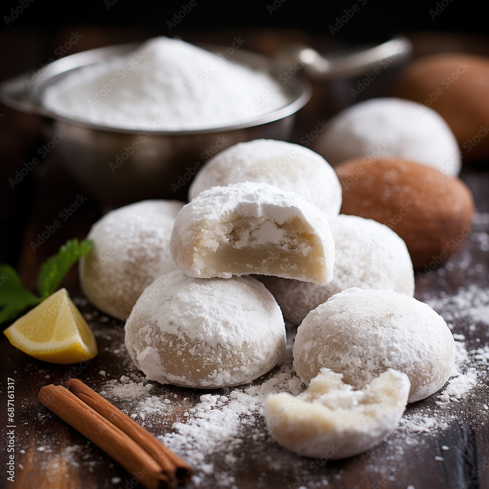 Mexican wedding cookies covered with powdered sugar - AI generated 