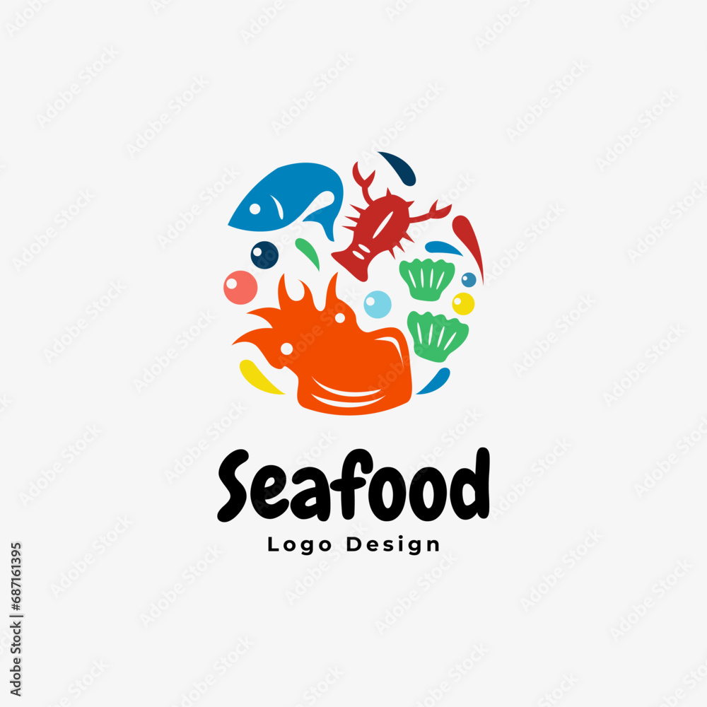 Seafood logo design. icon images of marine animals squid, shrimp, fish, shellfish and lobster. colorful flat template vector logo design style