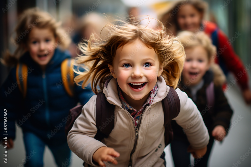 Students having fun excited about start of holiday. School kids running in elementary school hallway. Students having fun excited about start of holiday. School kids running in elementary school hallway.