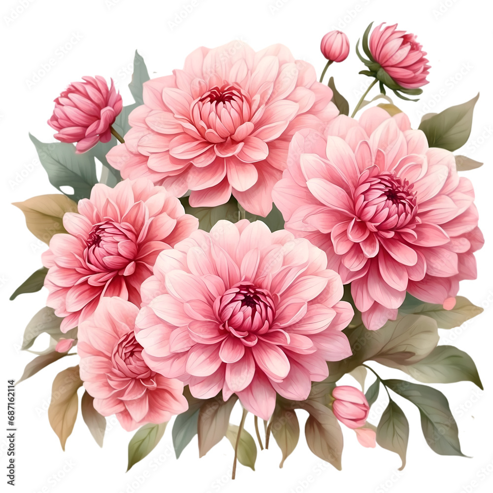 Watercolor illustration pink dahlia flowers arrange in the bouquet. Creative graphics design.