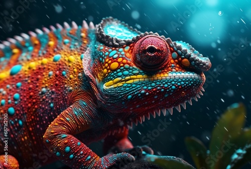 closeup of colorful chameleon in psychedelic. generative ai