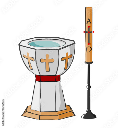 Stone baptismal font and paschal candle on a candlestick illustration