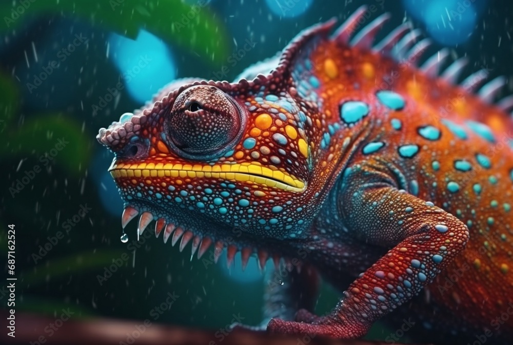 Fototapeta premium closeup of colorful chameleon in psychedelic. generative ai