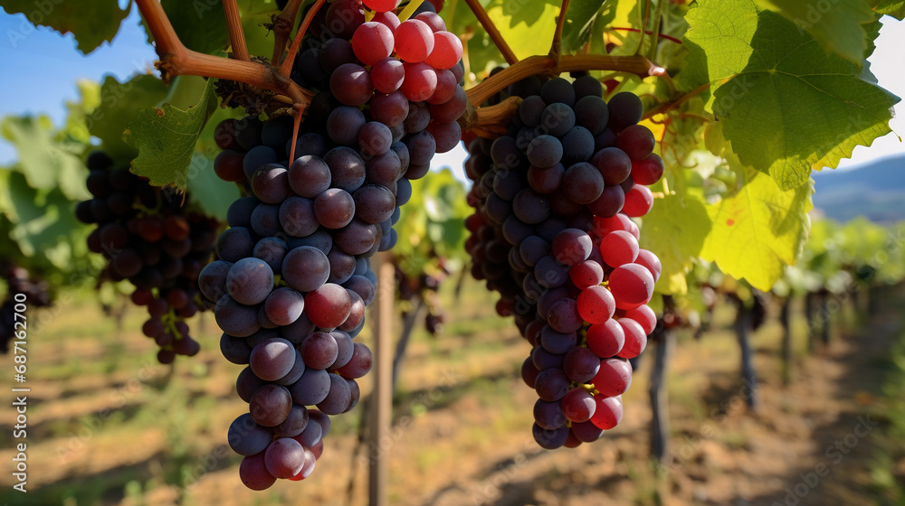 Ripe grapes hanging in a vineyard with green leaves and vines in the background on a sunny day.