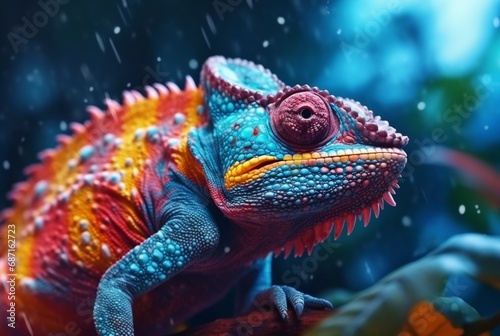 closeup of colorful chameleon in psychedelic. generative ai
