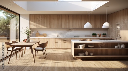 Beautiful Luxury Wooden Modern Kitchen in a Detached House. © Georgii