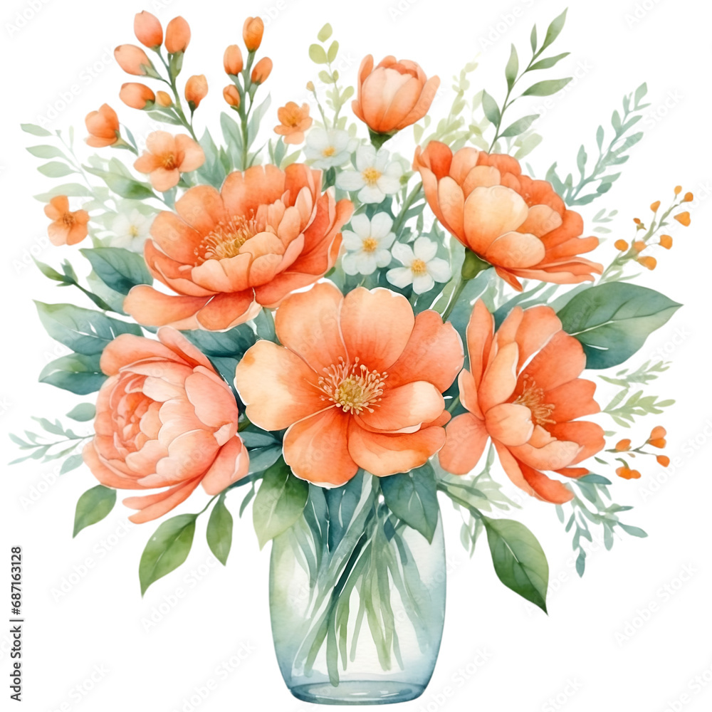 Watercolor illustration orange flowers arrange in the vase. Creative graphics design.